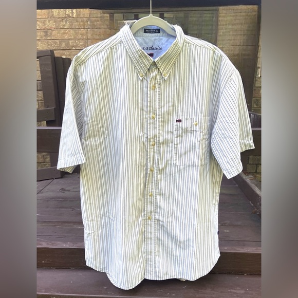 BB Classics Button-Down Blue Tan Stripe Short Sleeve Cotton Shirt Size Large - Picture 2 of 6